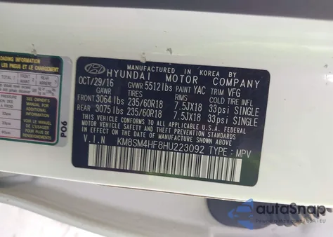 2017 Hyundai Santa Fe Se z USA, uszkodzony, nr VIN KM8SM4HF8HU223092
